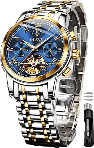 Image of OLEVS Men's Watches Automatic Mechanical Stainless Steel Moon Phase Waterproof Date Luminous Tourbillon Wrist Watch for Man