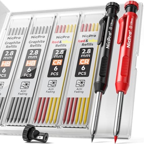 Image of Nicpro Carpenter Pencil with Sharpener, Mechanical Pencils Set with 26 Refills, Case, Deep Hole Marker for Construction, Heavy Duty Woodworking Pencils Carpenter Tools for Architect (Black, Red)