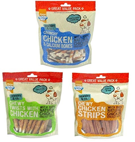 Image of Armitage Good Boy Pawsley & Co Chewy Chicken Twists, Calcium Bones and Strips Meat Dog Treats 3 Pack Mix Saver Pack