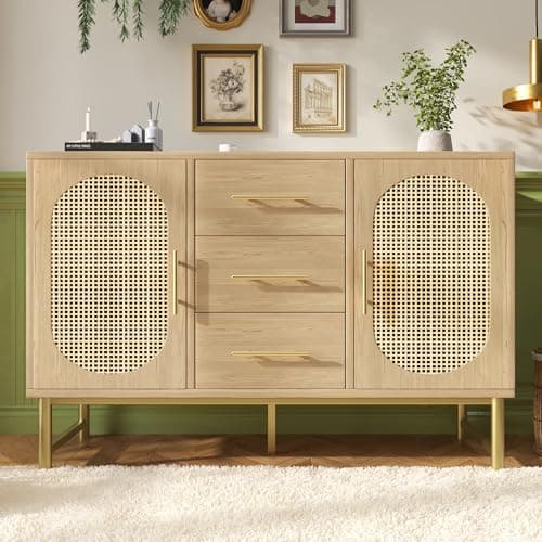Image of Merax Sideboard Cabinet Cupboard with 2 Doors 3 Drawers, rattan Sideboards for Living Room, Kitchen, and Hallway, Metal Handles, Adjustable Shelves, Anti-Tip, 120 x 40 x 74 cm, Oak