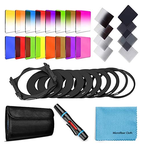 Image of Fotover 24 PCS Square Filter Kit ND Filters Graduated Full Color Lens Filter Set for Cokin P Series with Adapter Rings(49-82mm) Filter Holder Lens Cleaning Pen and Other Accessories for DSLR Cameras