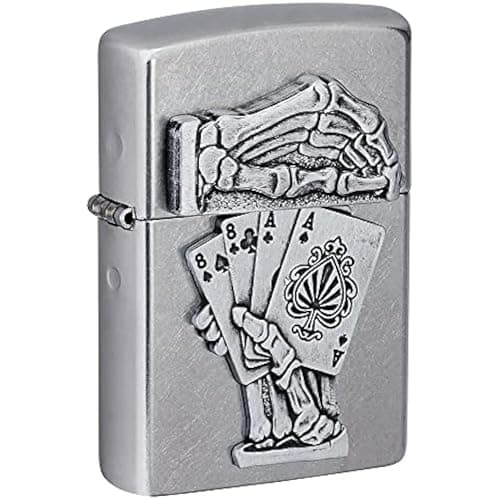 Image of Zippo Windproof Lighter - Dead Mans Hand - Street Chrome Finish with Emblem - Refillable - Reusable - Windproof Design - Gift Box - Made in USA