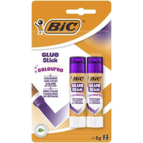 Image of BIC Coloured Glue Stick - Pack of 2 - Purple Glue (Dries Clear) - Washable from hands and clothing - Solvent-Free, 8 g each