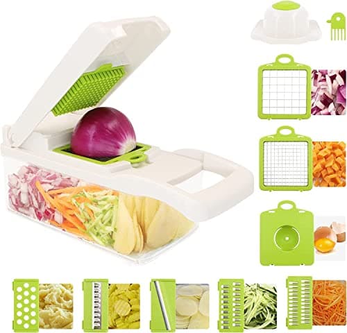 Image of Rextek 12 in 1 Vegetable Cutter Chopper Mandolines - All Types of Vegi's Cuber Cutter Onion Dicer, Food & Onion Slicer (White and Green, Standard)
