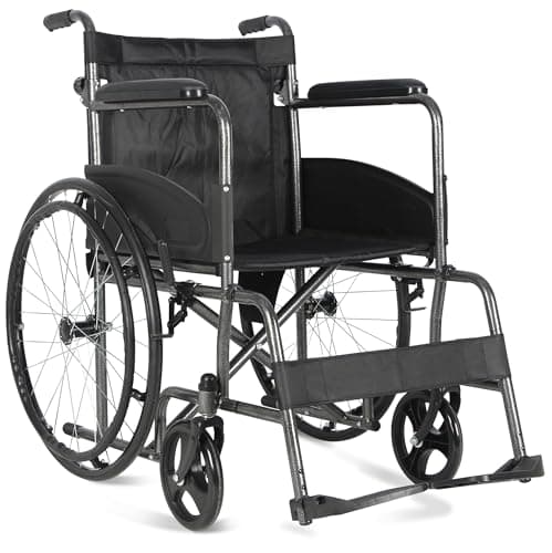 Image of Aidapt Folding Lightweight Self Propelled Steel Wheelchair with Brakes, Extra Wide Seat (20") Lap Strap, Removable Foot Rests and Side Panels for Privacy. Indoor and Outside Use