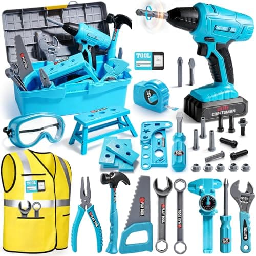 Image of LOYO Kids Tool Set with Electric Drill, 50 PCs Construction Toys for 3 4 5 Year Old Boys Girls, Complete Building Kit with Vest, Tool Box, Educational Role-Play Gift
