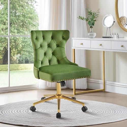 Image of Yaheetech Vanity Office Desk Chair with Silver Base, Upholstered Velvet Dressing Table Chair, Makeup Bedroom Swivel Chair with Back for Home Office, Green