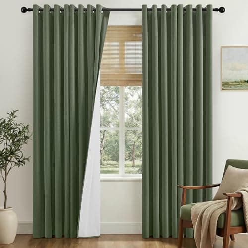 Image of Best Baisite 100% Blackout Curtains 84 Drop for Living Room Bedroom Linen Olive Green Curtains with Coating Back Ensuring Sleep and Privacy Soundproof Eyelet Black Out Curtains Dark Green 52"W x 84"L