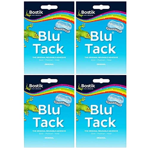 Image of Adhesive BLU TACK Original Bostik Reusable Sticky Blue Home School Office Walls Hacks NO Marks Safe Craft Art Clean Handy, Alternative to Pins & Tape, DIY Strong Hold Stretching (4 x Packs BLU TACK)