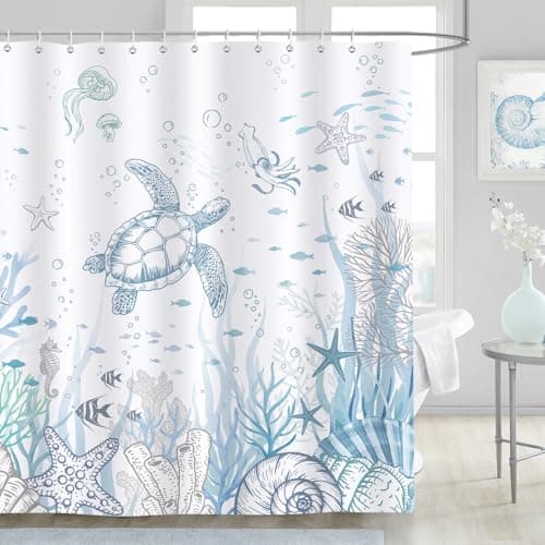 Image of Dazzlewall Sea Turtle Shower Curtain, Nautical Biological Ocean Waterproof Bathroom Curtain 180x180cm, Mildew & Mould Resistant Polyester Fabric Bath Curtain with 12 Hooks