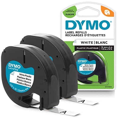 Image of DYMO Branded LetraTag Plastic Labels | 12 mm x 4 m Roll | Black Print on White Labels | MultipurposeSelf-Adhesive Labels for LetraTag Labels Makers | 2 Count