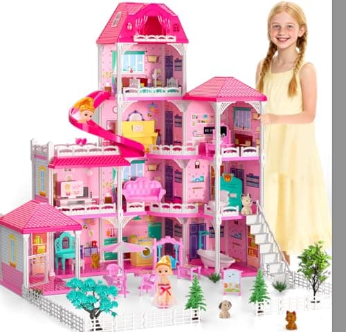 Image of Doloowee Dolls House for Girls, 4 story 10 Rooms House Playset, with 2 Dolls, Furniture and Accessories, Toys for 3 4 5 Years Old Girls