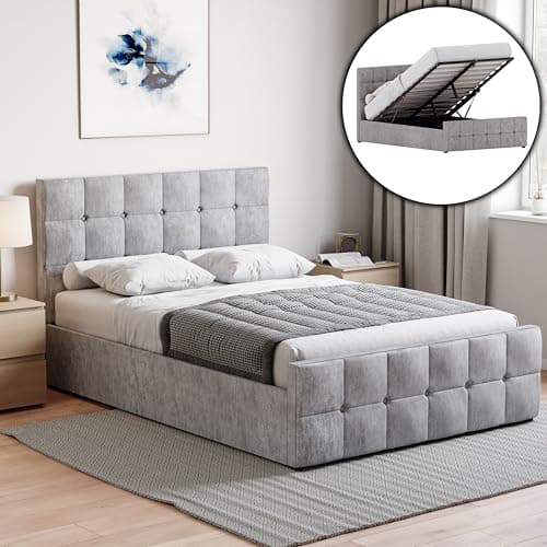 Image of Vida Designs Valentina Double Ottoman Storage Bed Frame – Crushed Velvet Silver – Lift-Up Storage Design – 106H x 147W x 207D cm – Gas Lift Mechanism – UKFR Certified