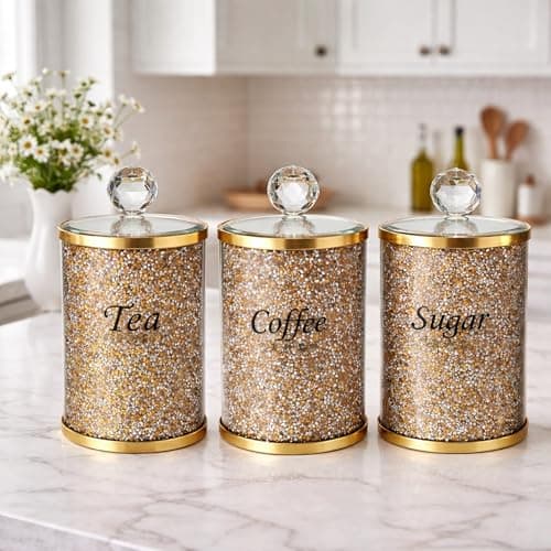 Image of BMLIMITED BML Diamond Crushed Tea Coffee Sugar Canisters Jars Kitchen Sparkle Kitchenware Storage Silver Trimmings Crystal Modern Containers Filled Black Writing (Gold lid canister)