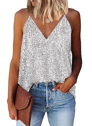 Image of AirMood Women Sexy V Neck Sparkle Shimmer Tank Vests Sequins Tops Las Vegas Disco Sequin Tank (Silvery White,L)