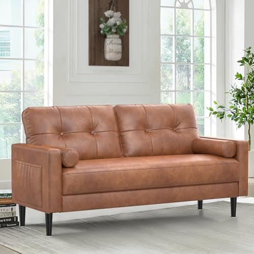 Image of Aotumm Ciort 2 Seater Sofa, Modern Sofa Couch with Thicken Cushions, 2 Pillows and 2 Pocket Storage, Comfy Leather Sofa for Living Room/Bedroom/Office, Easy Assembly Small 2 Seater Sofa (PU-Brown)