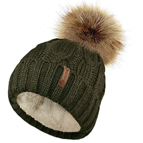 Image of TOSKATOK Ladies Chunky Soft Cable Knit Hat with Cosy Fleece Liner and Detachable Faux Fur Pompom-Olive