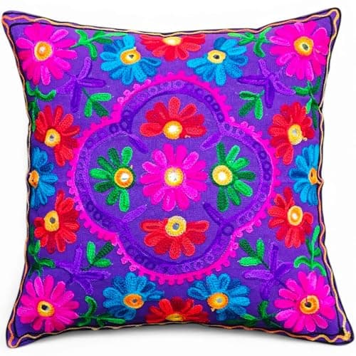 Image of Original Kikan Suzani Multi Colour Floral Embroidery 16"x16" 40 x 40 cm Indian Ethnic Cushion Cover Takiya Sofa pillow Zipper Back (PURPLE)