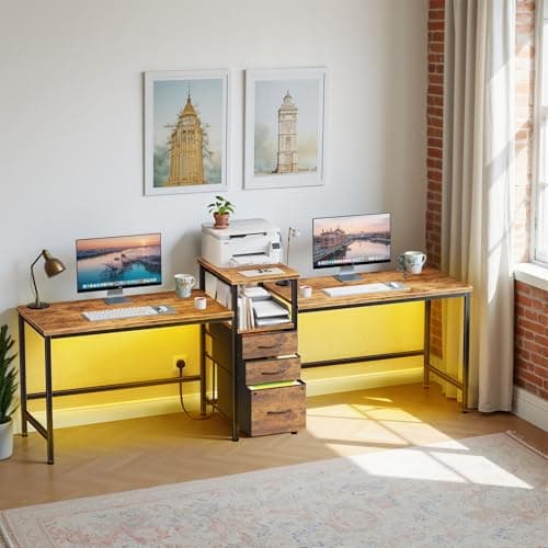 Image of 236cm Long Double Desk with Charging Station, LED Computer Gaming Desk with Drawers&Printer Shelf, Home Office Desk, 2 Person Writing PC Study Work Table for Home Office Workstations, Rustic Wood