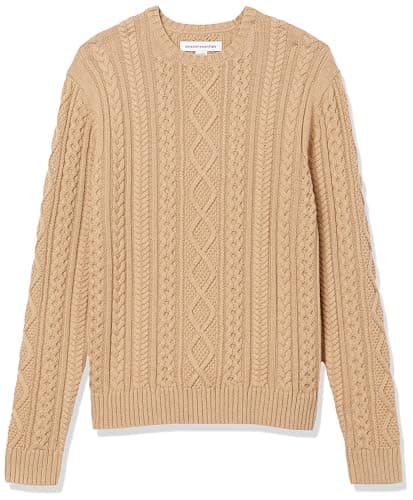 Image of Amazon Essentials Men's Long-Sleeve 100% Cotton Fisherman Cable Crewneck Jumper, Camel, M
