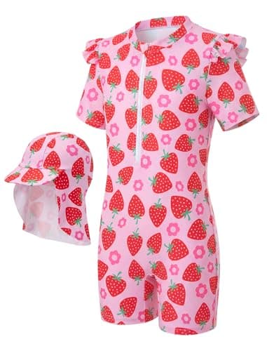 Image of JiAmy Girls One Piece Swimming Costume UV Sun Protection with Sun Hat Flutter Sleeve Kid Boylegs Swimwear Swimming Suit for 3-4 Years Pink Strawberries