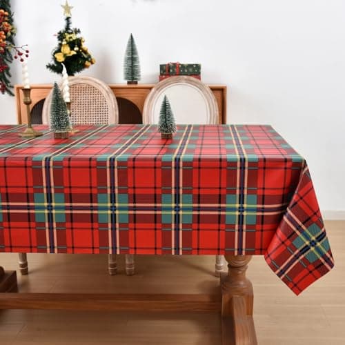 Image of Yofori Christmas Table Cloth, Red Green Tartan Pattern Square Table Cover Plaid Checked PVC Xmas Tablecloth Wipe Clean for Festive Decor New Year Christmas Party, 137x137cm