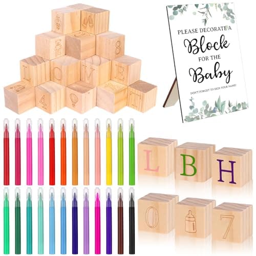 Image of 107 Pcs Funny Baby Shower Games Sign Kit Decorate a Block Game Set Includes 1 Table Sign 82 Wooden Blocks 24 Colorful Pens Baby Shower Ideas Activities for Guests Gender Reveal Party Supplies