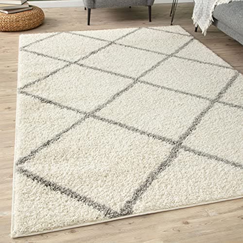 Image of THE RUGS Shaggy Rug – Modern Moroccan Design Rugs for Living Room, Bedroom, Hallway, 3 cm Thick Area Rugs, (Diamond Ivory/Grey, 140x200cm)