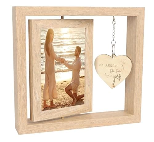 Image of Happy Engagement Photo Frame, He Asked She Said Yes Proposal Engagement Gifts for Couples With Heartfelt Message - Rotating 2-Sided Wood Photo Frame Perfect Wedding & Newlywed Gifts