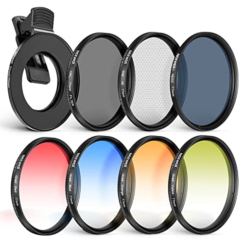 Image of NEEWER 77mm Lens Filter Kit with Phone Lens Clip, CPL + ND32 + Star + 4 Graduated Color Filter Compatible with iPhone 17 16 16e 15 14 Pro Max Canon Nikon Sony Camera