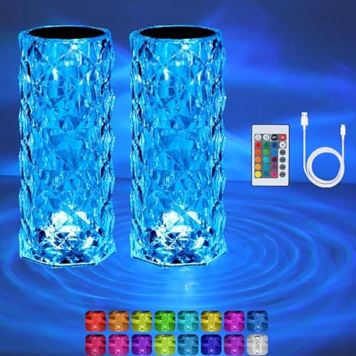 Image of 2Pack Crystal Diamond Rose Table Lamp, RGB LED Night Light with Touch and Remote Control, Bedside Lamps Nightstand Lamps, Dimmable, USB Rechargeable, Romantic Lighting Decoration for Home, Office