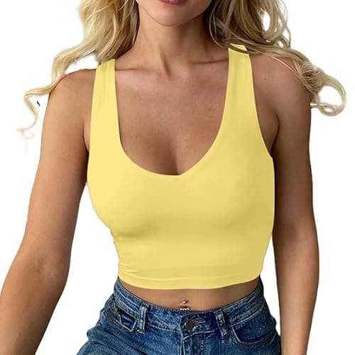 Image of Haibang Crop Tops for Women Sexy V Neck Double Lined Tank Top Sleeveless Racer Back Vest Tops Seamless Slim Fit Sport Yoga top Summer Going Out Tops for Lady Girls Daily Wearing Yellow