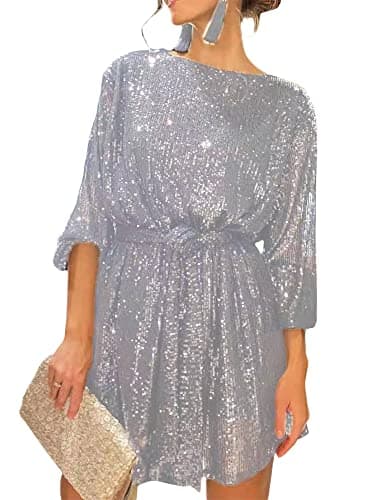 Image of Fiacafyo Women Sparkle Glitter Mini Dress Long Sleeve Crew Neck Loose Fit Short Dress Cocktail Party Club Dresses with Belt (B-Silver, XL)