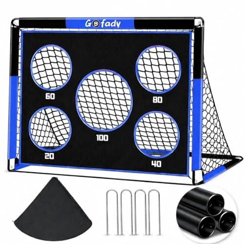 Image of Gofady 2-in-1 Football Goal for Kids - Portable & Durable Soccer Training Net with 5 Target Ranges, Foldable Design, Carrying Bag, Easy Assembly for Backyard, Garden, Beach(Blue, 150 * 120 * 120cm)