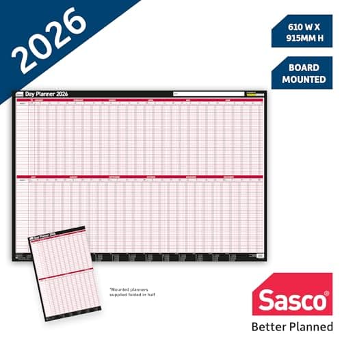 Image of Sasco 2026 Day Wall Planner – Board Mounted Year Calendar with Wet Wipe Pen & Stickers, 91.5x61cm, Black & Red – Daily Tracking – 2026 Calendar Designed for Office Scheduling and Task Management
