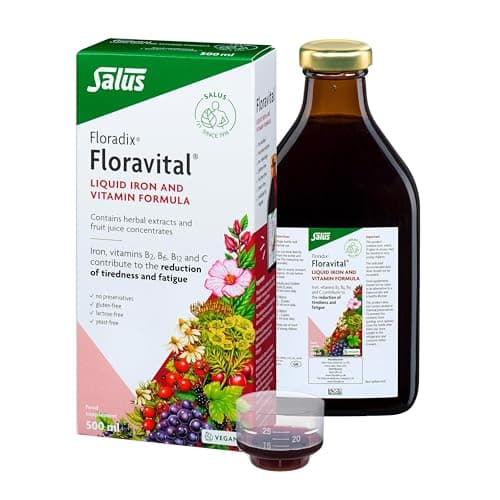 Image of Floravital Liquid Iron & Vitamin Supplement 500ml. Contributes to The Reduction of Tiredness. Gluten Free. No preservatives. Suitable for Women, Children 3+, During Pregnancy and Vegans.