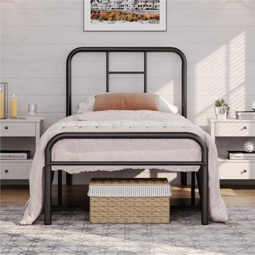 Image of Yaheetech 3ft Single Bed Frames Metal Bed Frame with Headboard,Strong Iron Platform Bed for Bedrooms,Ground clearance: 32 cm/Black