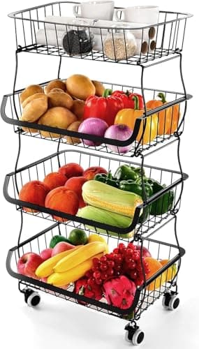 Image of Miyawell Fruit Vegetable Storage Basket Rack, 4 Tier Stackable Metal Wire Storage Baskets on Wheels, Fruit Vegetable Produce Basket Organizer Bins for Kitchen, Pantry, Bathroom Black