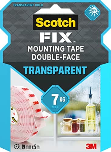 Image of Scotch-Fix Double-Sided Adhesive Tape, Transparent Mounting Tape - 1 Roll (19mm x 5m), Invisible & UV Resistant - For Glass, Tiles, Acrylic & Metal - For Indoor Use - Holds up to 7kg