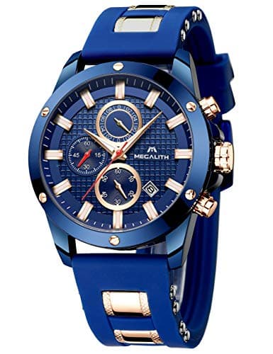 Image of MEGALITH Mens Watches Men Chronograph Waterproof Sports Black Designer Large Face Luminous Date Wrist Watch Fashion Rubber Blue Analogue Quartz Watches for Man