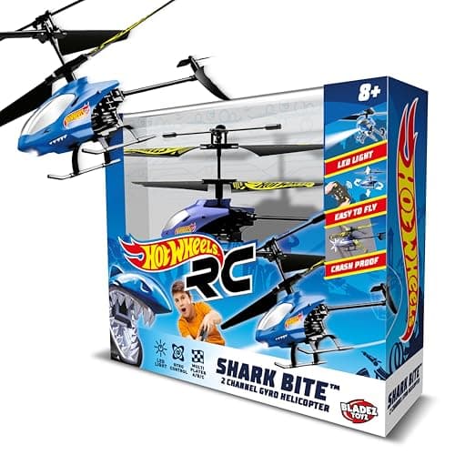 Image of BLADEZ Hot Wheels Shark Bite Helicopter Drone for Kids – Remote Control 2 Channel RC with Gyro Stability, LED Lights & Crash Proof Design – Tri-Band for Multi-Play, Easy to Fly Licensed Toy Ages 8+