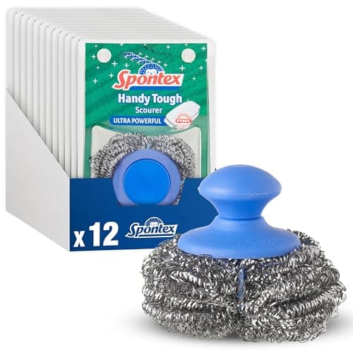 Image of Spontex Handy Tough Kitchen Scourers | Wire Wool Pan with Handle | 90% Recycled Rust-Free Stainless Steel | Cleans Ovens, BBQs, Glass Dishes & Jugs | 12 Count