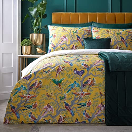 Image of Laurence Llewelyn-Bowen - Yellow Birds Duvet Cover - King Bedding Size (230 x 220cm) - Soft 100% Cotton Sateen - 2 Pillowcases - 200 Thread Count - Luxury Bedding - Bird Duvet Cover in Yellow