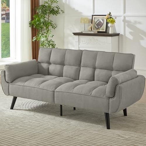 Image of JIEXI Modern 3-Seater Sofa, Grey Tufted Fabric, 191cm Width, Plush Cushioning with Curved Arms, Tapered Black Legs, Medium Firm, for Living Room and Family Room (Grey)