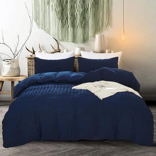 Image of Navy Classic Seersucker Duvet Cover Sets for Teens Adults,Soft Comfortable Microfiber Bedding Sets Duvet Cover,King Size 220×230cm
