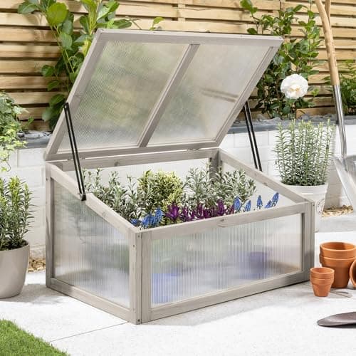 Image of Christow Raised Bed Cold Frame Greenhouse, FSC Wooden Garden Grow House for Vegetables & Plants, Polycarbonate UV-Stabilised Panels for Strong, Healthy Growth, Grey Painted, 70cm x 46.2cm x 39.5cm