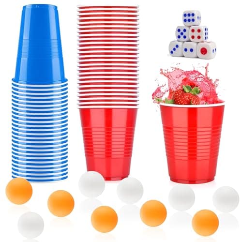 Image of Maridergo 60 Pack 16 Oz Plastic Party Cups Set with 20 Red Cup, 20 Blue Cup, 10 Ping Pong Balls, 10 Dice, American Style Frat Party Cups Beer Pong Cups Set for Fun Party Games, Drinks 480ML