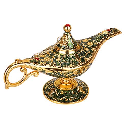 Image of ANQIA Vintage Aladdin Magic Genie Lamp Light for Home Party Wedding Table Decoration & Gift,Classic Zinc Alloy Arabian Lamp Jewelry Box (Gold & Green)