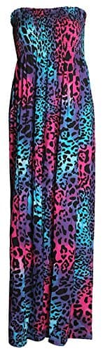 Image of WearAll Plus Size Womens Printed Bandeau Stapless Ladies Shirred Long Maxi Dress - Multi Leopard - 12-14