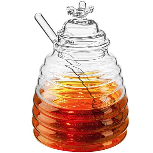 Image of Hedume Honey Jar with Dipper and Lid, Honey Bee Pot, 17oz/500ml Glass Beehive Honey Pot for Home Kitchen